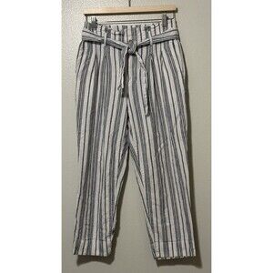 Madewell Women's Linen Cotton Blend Cropped Blue White Stripe Pants Sz 6 Casual